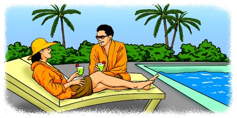 Cartoon: Man and woman relaxing by the pool
